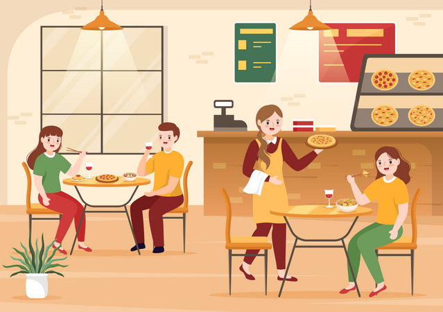 People enjoying pizza at Italian restaurant  Illustration