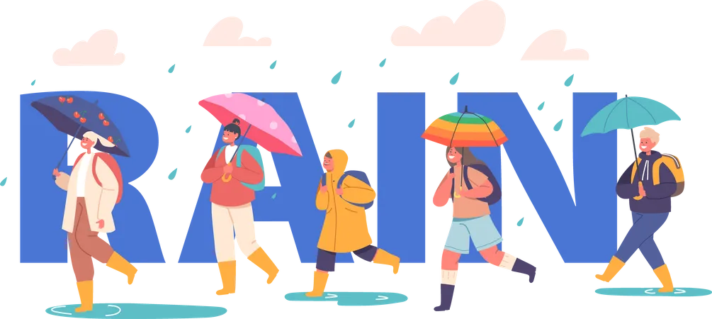 People enjoying rain  Illustration