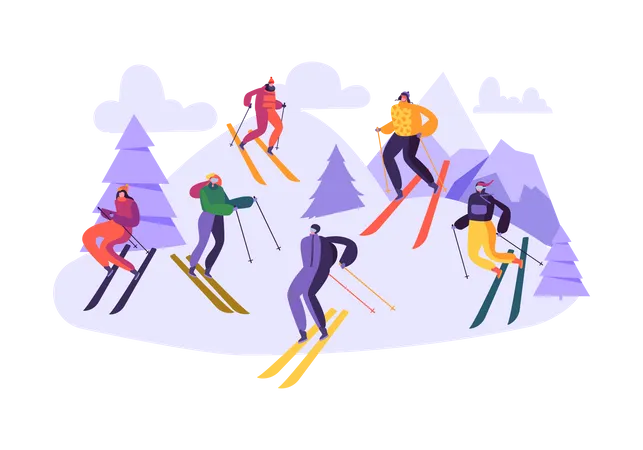 People enjoying skiing on mountain Illustration