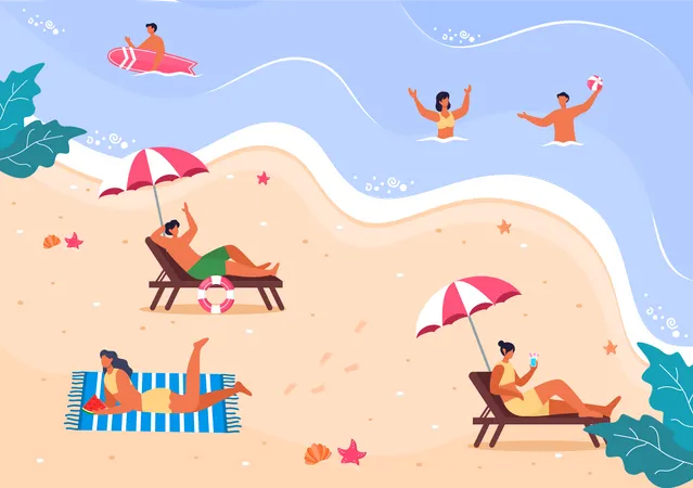 People enjoying summer at beach  Illustration