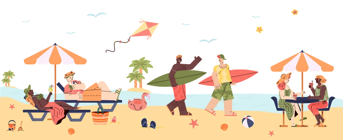 People enjoying summer on beachside  Illustration