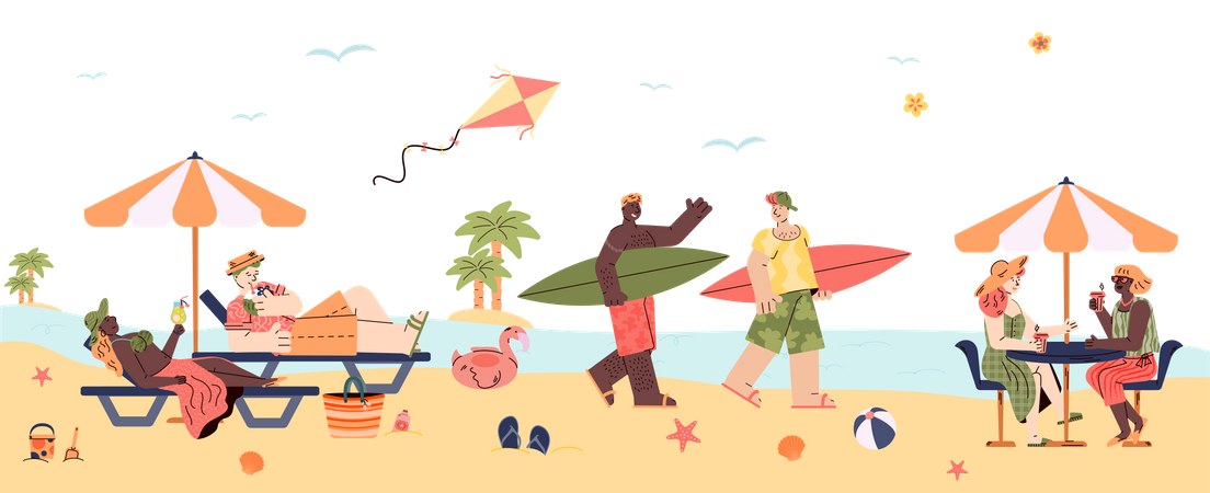 People enjoying summer on beachside  일러스트레이션