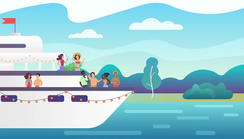 People enjoying summer vacation on boat  Illustration