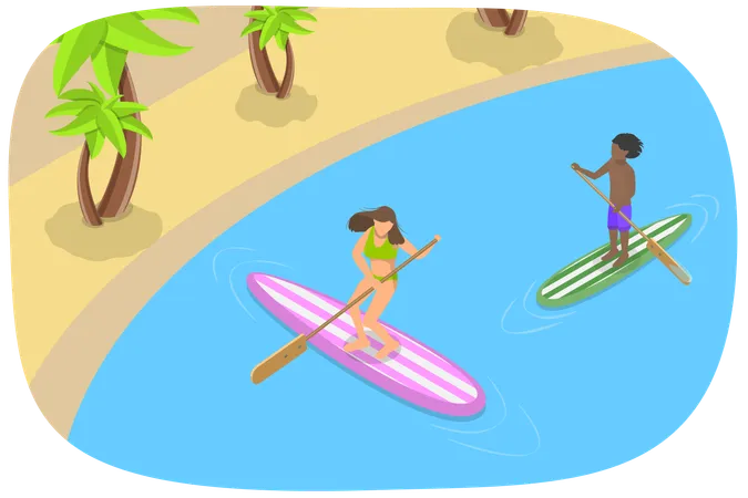 3 D Isometric Flat Vector Conceptual Illustration Of Sup Surfing Stand Up Paddling Illustration