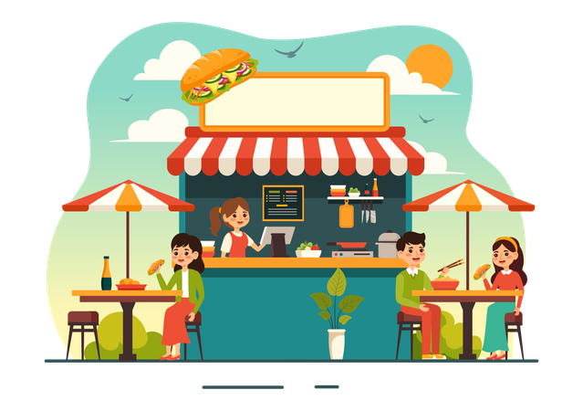 People enjoying Vietnamese Food  Illustration