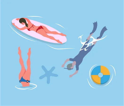 Woman Diving Legs Up Man In Flippers And Mask Lady Suntanning On Surfboard Inflatable Ring And Sea Star In Blue Waters People Resting At Seaside Summertime Illustration