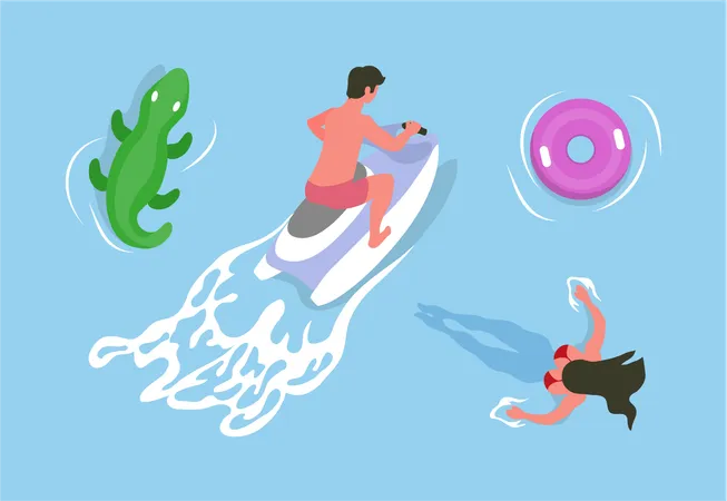 Man Driving On Water Bike Swimming Woman Rubber Inflatable Circle And Inflatable Crocodile Female Relaxing In Sea Or Pool Summer Activity Vector Illustration