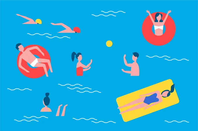 Swimming Pool And People Set In Water Playing Polo Games With Ball Swimmers And Chilling Person On Lifeline Lifebuoy Posters Set With Text Vector Illustration