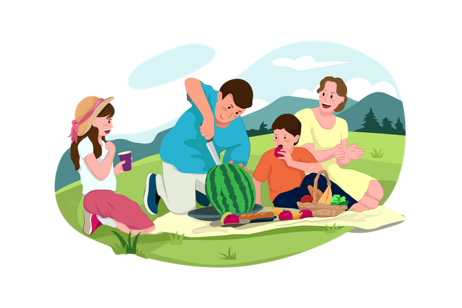 People Enjoying watermelon at Picnic Illustration