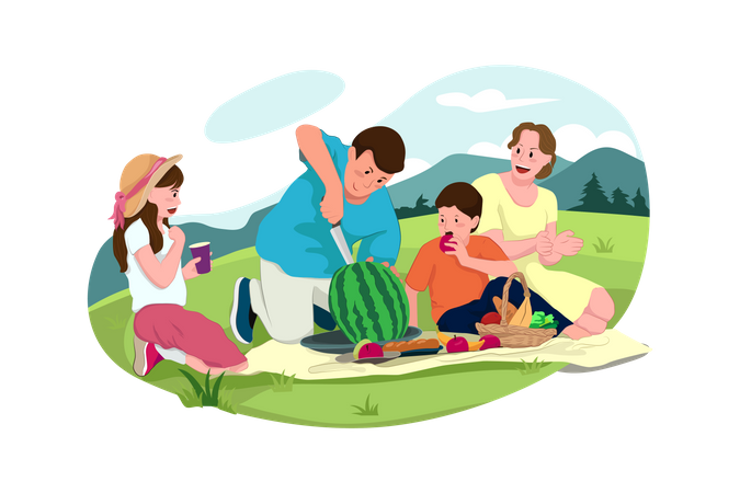 People Enjoying watermelon at Picnic  Illustration