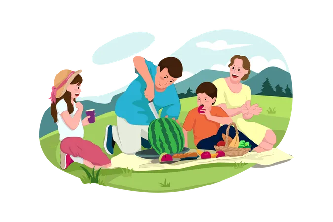 People Enjoying watermelon at Picnic  Illustration