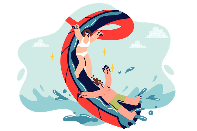 People enjoying waterslide in waterpark  Illustration