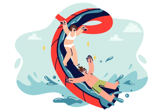 People enjoying waterslide in waterpark  Illustration