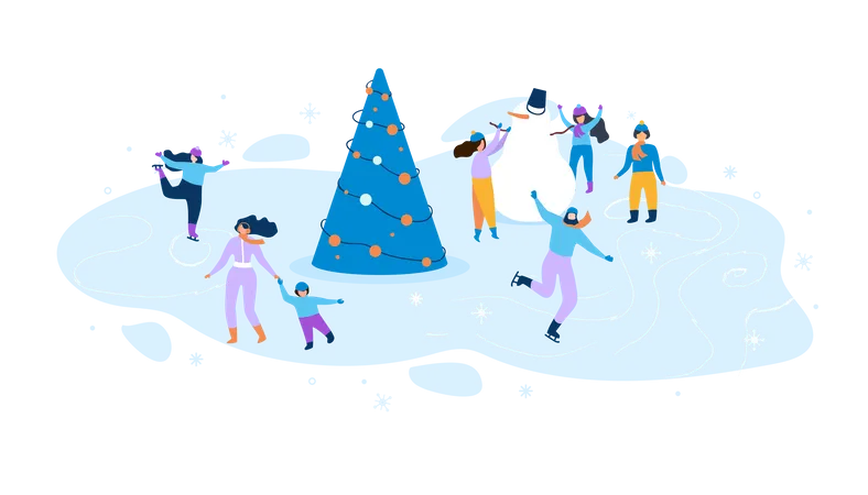 People enjoying winter season with christmas tree and snowman Illustration