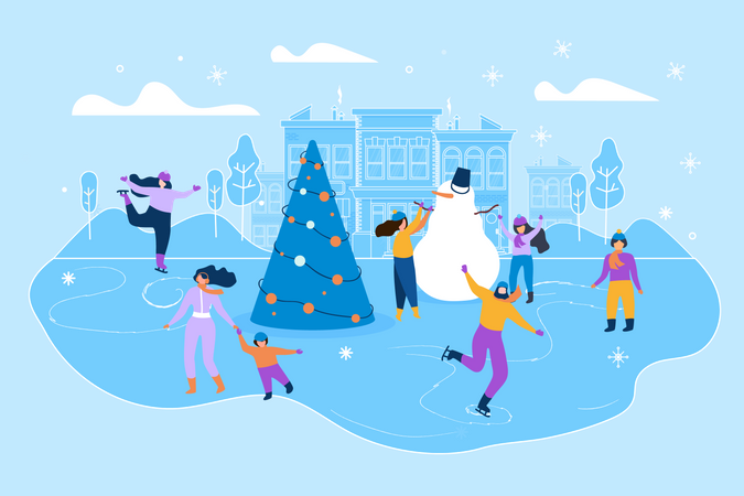 People enjoying winter season with christmas tree and snowman in the city  Illustration