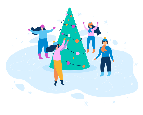 People enjoying winter season with christmas tree  Illustration