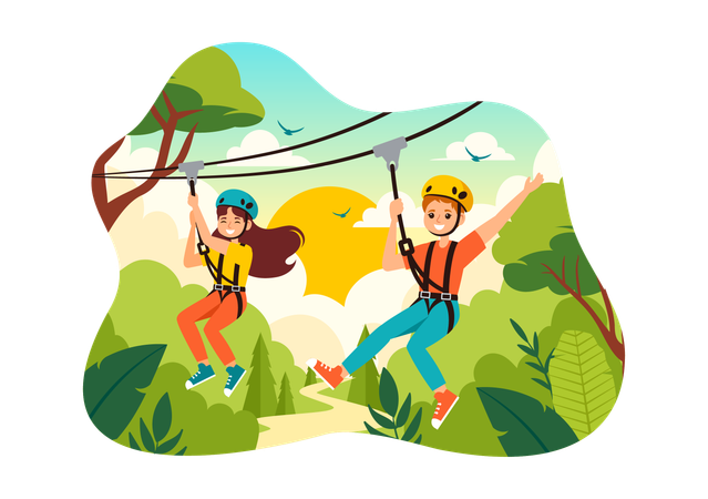 People Enjoying Zip Line  Illustration