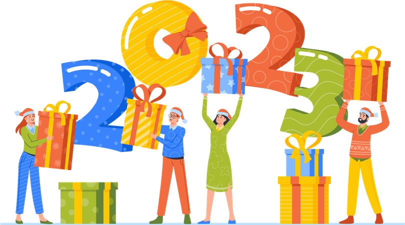 People Exchange Gifts and Holding Huge 2023 Numbers  Illustration