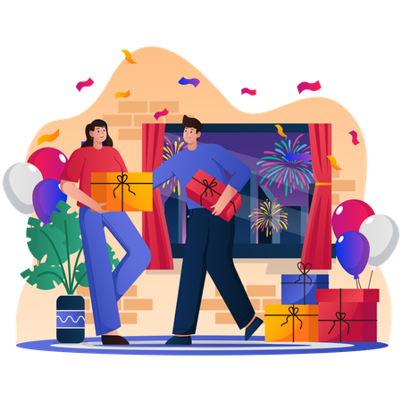 People exchanging New Year Gift  Illustration