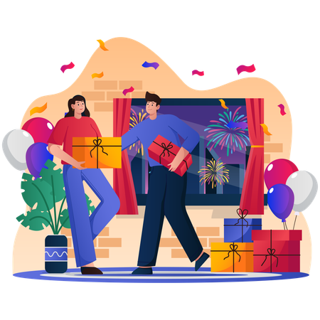 People exchanging New Year Gift  Illustration