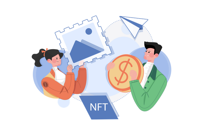 People exchanging NFT artwork  Illustration