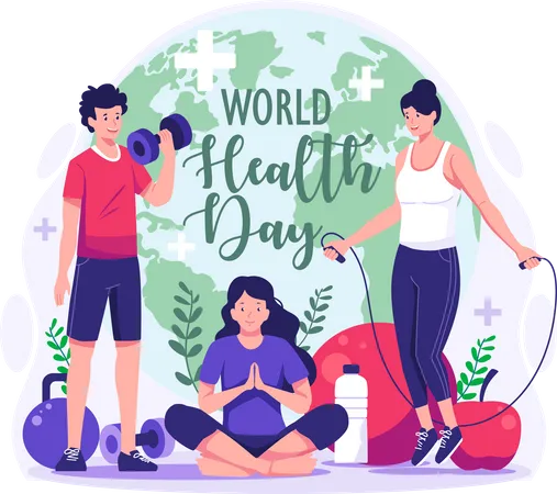 World Health Day Concept Illustration With Characters Of People Exercising Fitness And Yoga Healthy Lifestyle Vector Illustration Illustration