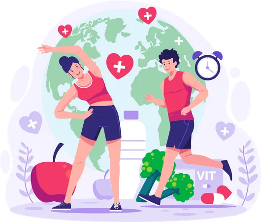 World Health Day Characters Of People Exercising To Stay Healthy Healthy Lifestyle Running And Yoga Vector Illustration Illustration