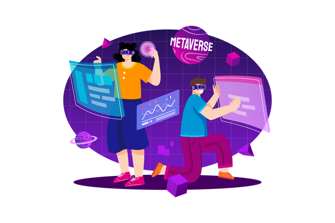 People experiencing metaverse ecosystem  Illustration