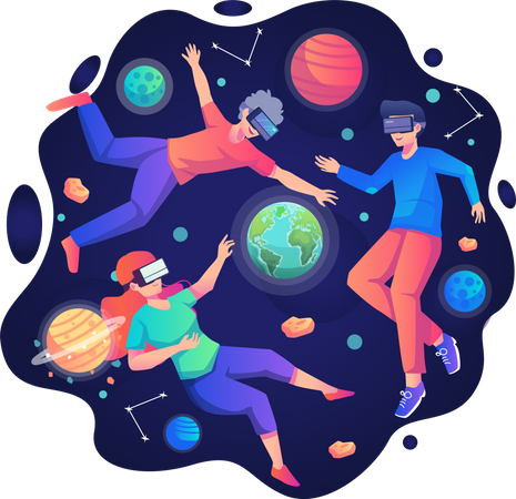 People experiencing space in VR Illustration