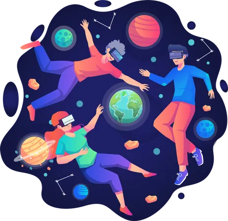 People experiencing space in VR Illustration