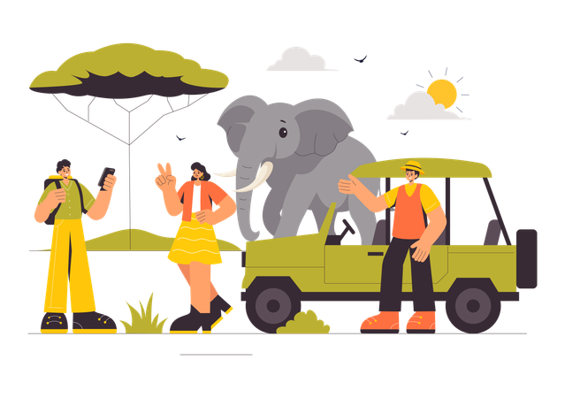 People experiencing wildlife safari  Illustration