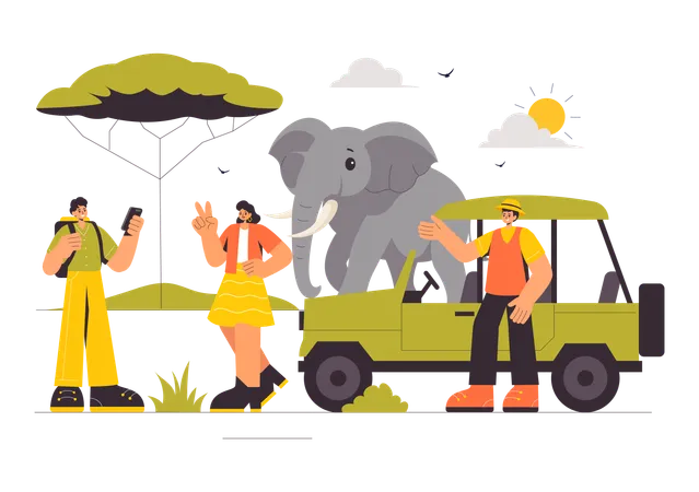 People experiencing wildlife safari  Illustration