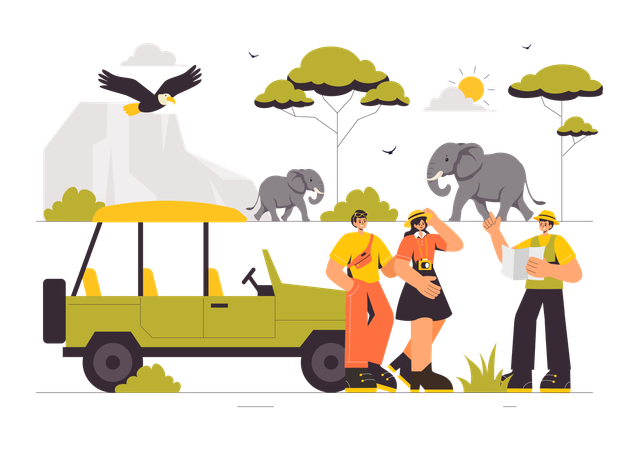 People experiencing wildlife safari  Illustration