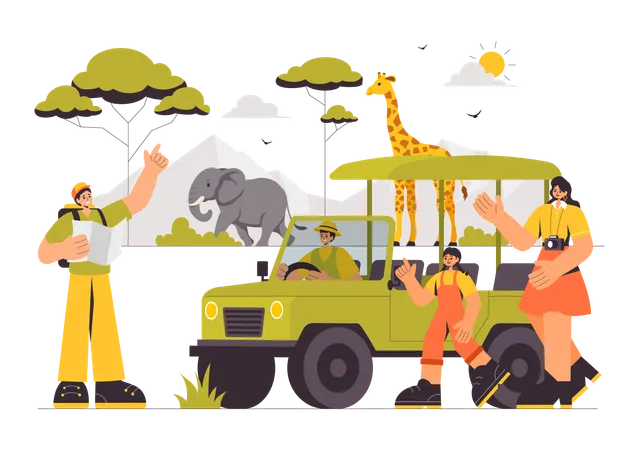 People experiencing wildlife safari  Illustration