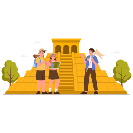 People Exploring Mayan Pyramid  Illustration