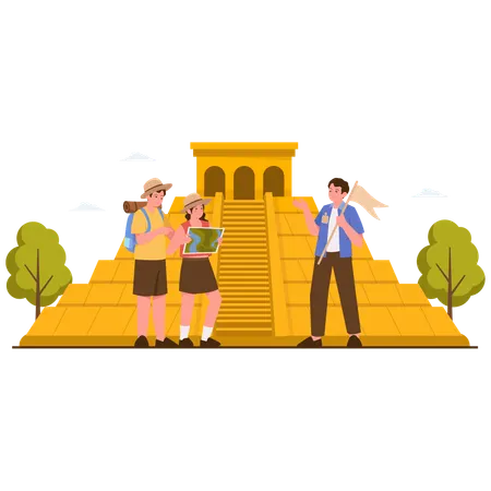 People Exploring Mayan Pyramid  Illustration