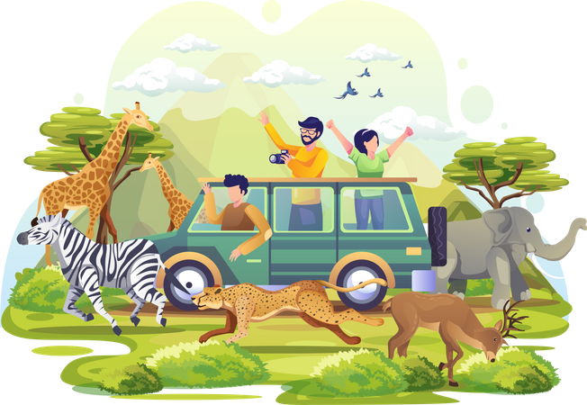 People exploring savanna in a vehicle Illustration
