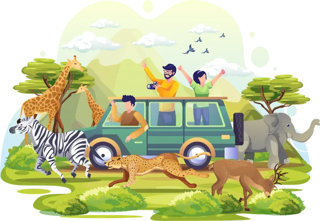 People exploring savanna in a vehicle  Illustration