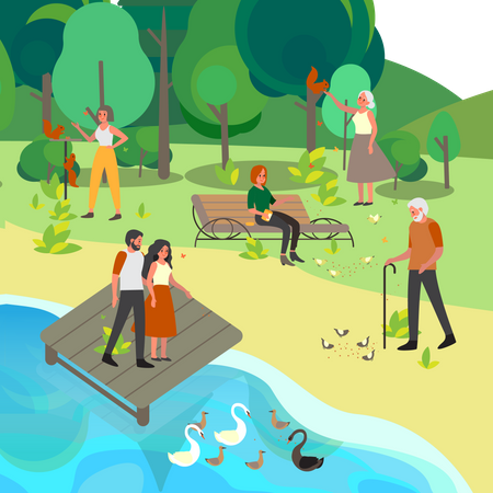 People feeding bird in park  Illustration