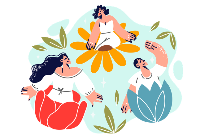 People feel happiness and harmony by sitting in buds of flowers  Illustration