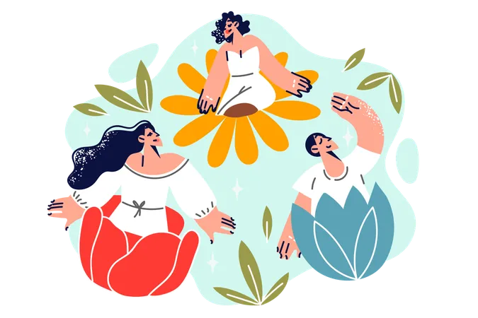 People Feel Happiness And Harmony By Sitting In Buds Of Summer Flowers Demonstrating Positive Thinking Or Absence Of Bad Intentions Man And Two Women Enjoy Harmony Or Wonderful Day Illustration
