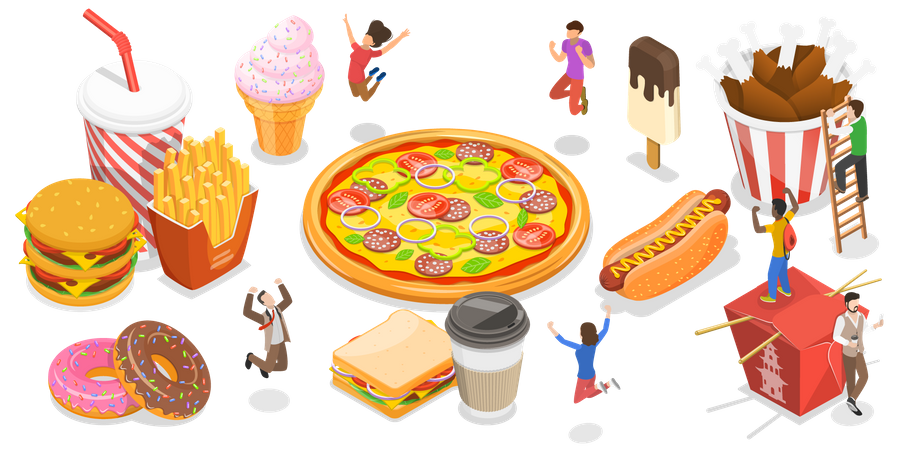 People feeling rejoiced from junk food  Illustration