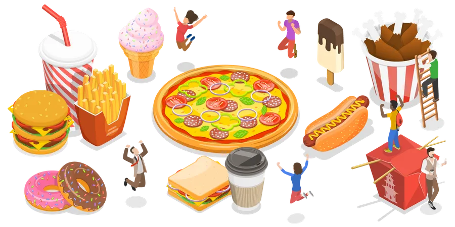 People feeling rejoiced from junk food  Illustration