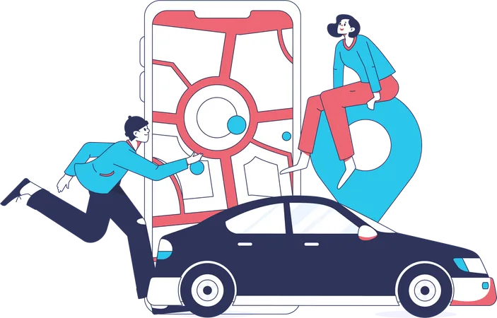 People finding car using mobile application  Illustration