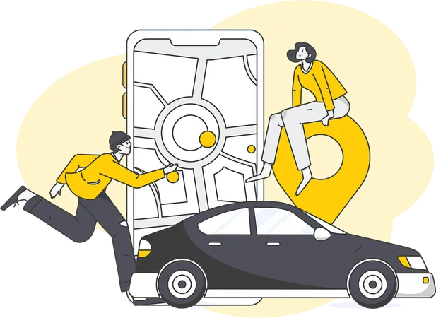 People finding car using mobile application  Illustration