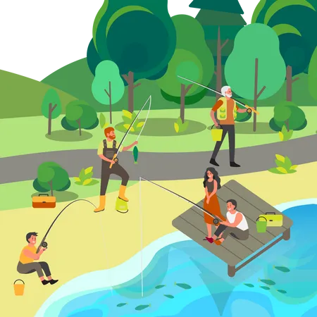 People Fishing With Fishing Rod And Ned In The Park Summer Outdoor Activity Nature Tourism People With Fishing Equipment And Fish Sport Fishing Competition Isolated Flat Vector Illustration Illustration