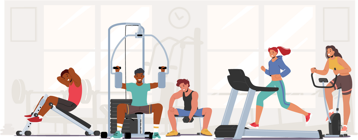 People Fitness Training in Gym Illustration