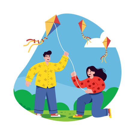 People flying kite and having Fun  Illustration