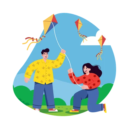 People flying kite and having Fun  Illustration