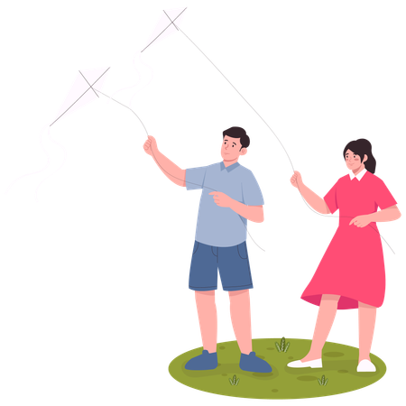 People flying Kites Together  Illustration